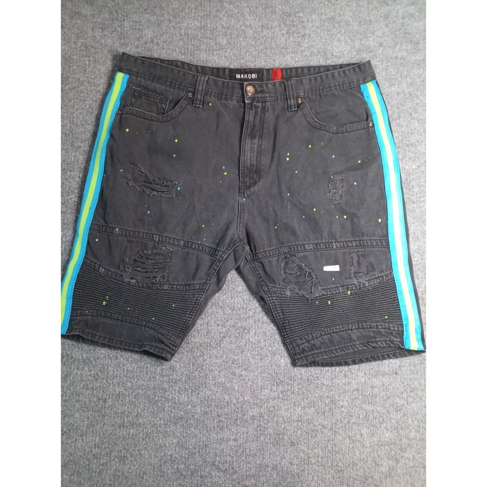Makobi Distressed Denim Shorts Men's Size 44 Black Moto Biker Paint Splatter